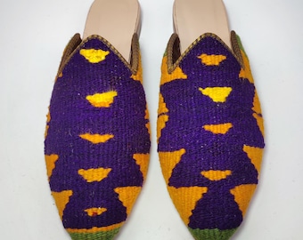 40 EU/ 10 US/ 8 UK Handwoven Kilim Mules: Women's Vintage Carpet Slippers, Leather Sole