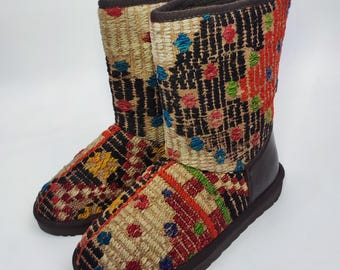 39 EU/ 9 US/ 7 UK Handwoven Kilim Boots: Vintage Turkish Rug, Leather Trim