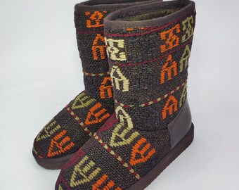 35 EU- 5 US Handwoven Kilim Boots: Vintage Turkish Rug, Leather Trim