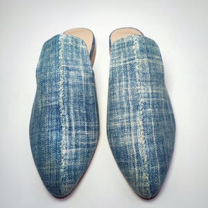 35EU(5US) Light Blue vintage handwoven indigo Mules, Boho Chic, African cloth textile