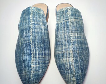 35 EU- 5 US Handwoven Vintage Indigo Mules – Boho Chic African Textile Shoes