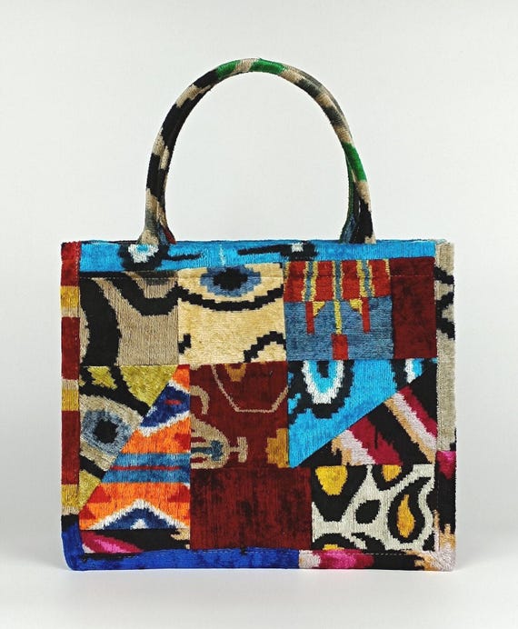 Handwoven Uzbek Ikat Velvet Tote Bag: Patchwork Shoulder Bag