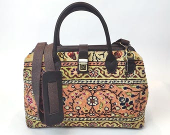 Handcrafted Kilim Carpet Bag: Vintage Handknotted Rug & Leather Tote