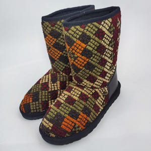 38EU(8US)Women leather Trim Half kilim Boots, Handwoven Kilim Boots, Rubber sole Kilim Boots, One of a Kind Kilim Boots, Comfy Boots