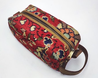 Handknotted Vintage Turkish Carpet Dopp Kit Bag, Leather Trim Travel Case