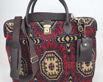 Bolso de fin de semana vintage de alfombra turca hecho a mano con ribete de cuero
