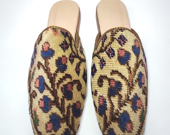 44 EU/ 11 US/ 10 UK Vintage Turkish Carpet Mules: Hand-Knotted Boho Leather Slippers