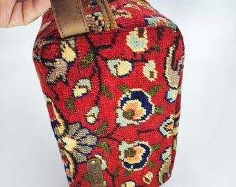 Handcrafted Vintage Turkish Carpet Dopp Kit Bag, Leather Trim