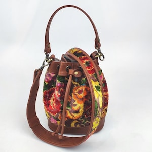 Velvet Bucket Bag, wall hanging Vintage Velvet Top handle Bag, handmade Bag with leather trim, Handcrafted velvet bag, Boho shoulder Bag
