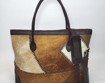 Handcrafted Cowhide Weekender with Leather Trim, Handstiched Patchwork Cowhide