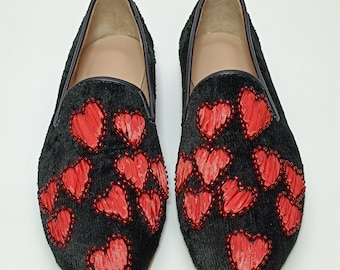 Handmade Ikat Velvet Loafers: Women's Heart Embroidered Silk Ribbon Shoes (40EU/10US)