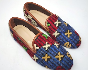 40 EU/ 10 US/ 8 UK Vintage Kilim Loafers Buty damskie: ręcznie tkany turecki dywan