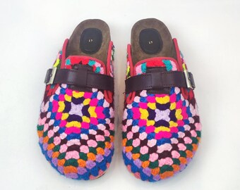 41 EU/ 11 US/ 9 UK Hand-Knitted Granny Square Crochet Clogs: Women's Boho Slippers