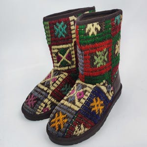 38EU(8US)Women leather Trim Half kilim Boots, Handwoven Kilim Boots, Rubber sole Kilim Boots, One of a Kind Kilim Boots, Comfy Boots