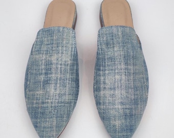 39 EU/ 9 US/ 7 UK Handwoven Vintage Indigo Mules, Handcrafted Leather Lined Slides