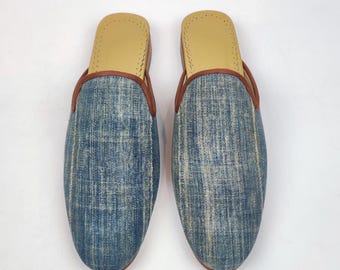 40 EU/ 10 US/ 8 UK Handwoven Vintage Indigo Mules, African Textile Leather Sole Slipper