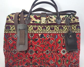 Handknotted Vintage Turkish Rug Weekender Bag: Leather Travel Duffel