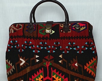Carpet Bag, Kilim Bag,Weekender Bag,Western Bag,Gift For Women,Travel Kilim Bag,Handmade Bag,Leather Bag,Tapestry Bag