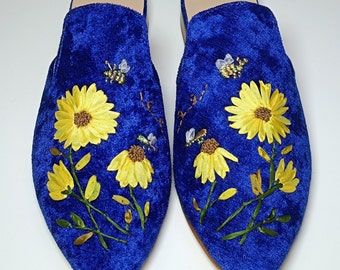 Silk Ribbon Embroidered Velvet Mules, Velvet Slipper, Ribbon embroidered slides, Colorfull Mules