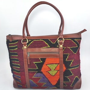 Handcrafted Vintage Kilim Duffel Bag: Leather Weekender Travel Bag