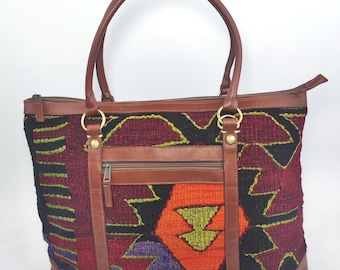 Sac de voyage vintage Kilim fabriqué à la main : sac de voyage de week-end en cuir
