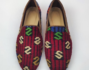 44 EU/ 11 US/ 10 UK Men's Handcrafted Vintage Turkish Kilim Loafers, Leather Sole