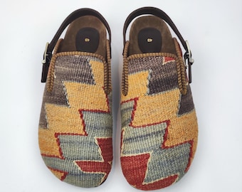 43 EU/ 10 US/ 9 UK Handwoven Kilim Clogs: Men's shoes with adjustable buckles