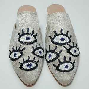 41EU/11US Women Hand Embroidered Silk ribbon velvet Mules, hand embroidery Shoes, hand stitched Mules, Embroidery slipper