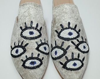 41EU/11US Women Hand Embroidered Silk ribbon velvet Mules, hand embroidery Shoes, hand stitched Mules, Embroidery slipper