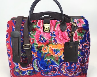 Vintage Turkish Velvet Weekender Bag: Leather Trim, Handcrafted Overnight Duffel