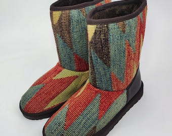 38 EU/ 8 US/ 6 UK  Handwoven Kilim Boots: Vintage Turkish Rug, Leather Trim