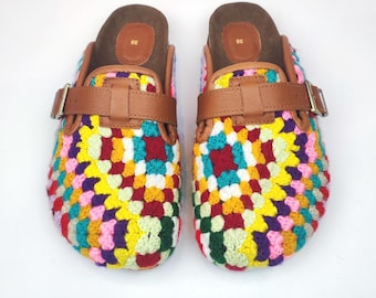 38 EU/ 8 US/ 6 UK  Hand-Knitted Crochet Clogs: Women's Boho Slippers with Leather Trim