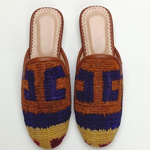 Women&#39;s Kilim Mules 37EU(7US), Handwoven Kilim Loafer, Kilim Slipper, Traditional Turkish Kilim Slides, Handcrafted Shoes, Boho style