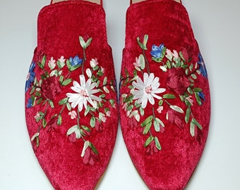 Women Flower silk Ribbon Embroidered Velvet Mules, Hand embroidered slipper, Valentine Gift, Handcrafted shoes