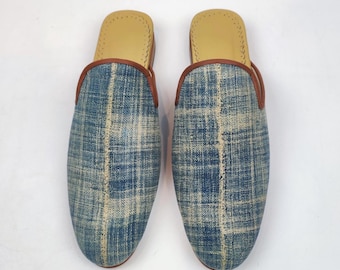 40 EU/ 10 US/ 8 UK Handwoven Vintage Indigo Mules, African Textile Slipper, Leather Sole