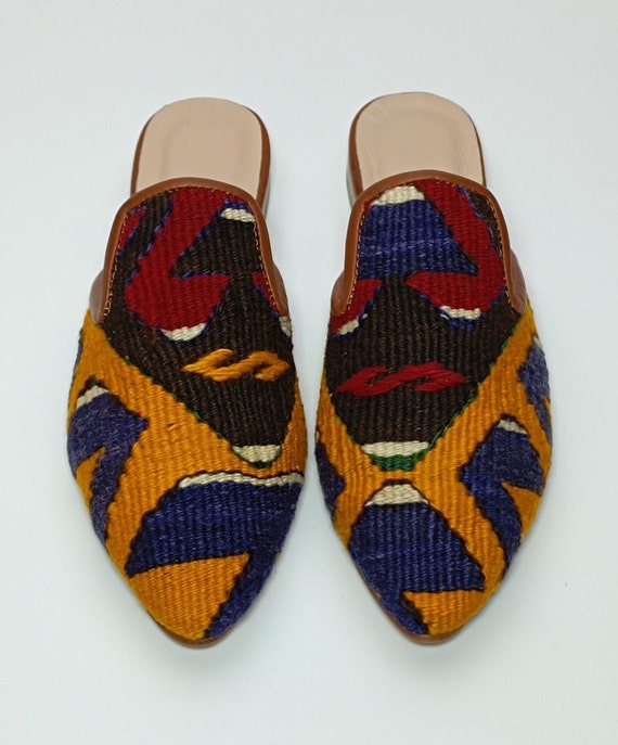 Kilim Mules 39EU 9US women Kilim Slipper Turkish Kilim Shoes Handcrafted Vintage Kilim Rug Slides Women Leather sole Mules Boho Style