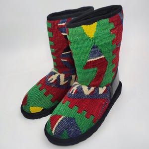 41EU(11US)Women leather Trim Half kilim Boots, Handwoven Kilim Boots, Rubber sole Kilim Boots, One of a Kind Kilim Boots, Comfy Boots