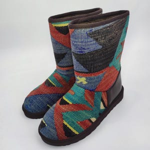 40EU(10US)Women leather Trim Half kilim Boots, Handwoven Kilim Boots, Rubber sole Kilim Boots, One of a Kind Kilim Boots, Comfy Boots