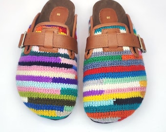 38EU/8US /6UK Crochet Clogs: Women's Boho Slippers with Leather Trim