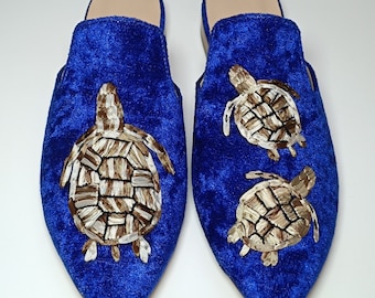 Handcrafted Velvet Mules: Silk Ribbon Embroidered Turtle Shoes