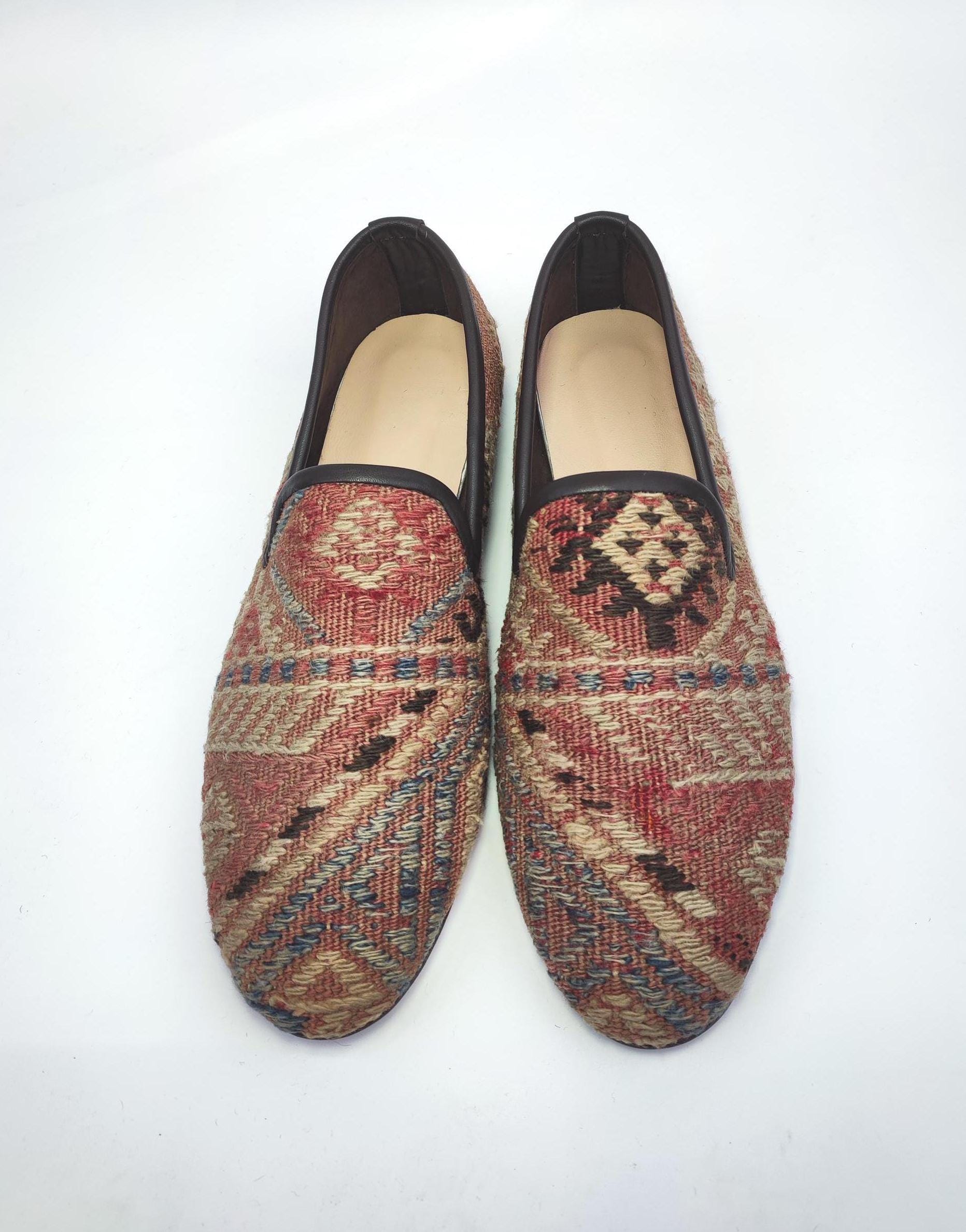 45EU/ 12US / 11UK Men Kilim Shoes, Handcrafted Original Vintage Kilim Loafer, One of a kind kilim Loafer, Leather sole shoes