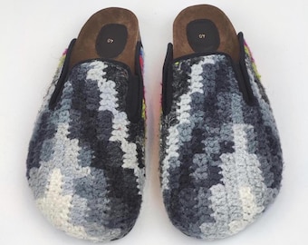 40 EU/ 10 US/ 8 UK Hand-Knitted Crochet Clogs: Granny Square Boho Slippers, Women's Shoes