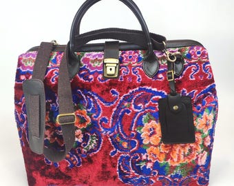Vintage Turkish Velvet Weekender Bag, Leather Trim, Handcrafted