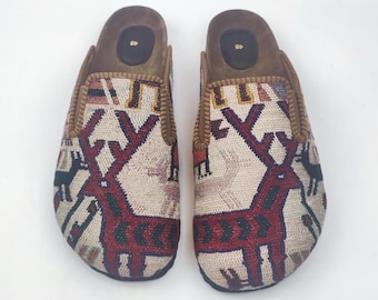 Handwoven Kilim Clogs Men's Vintage Turkish Rug Shoes (Size 45 EU)