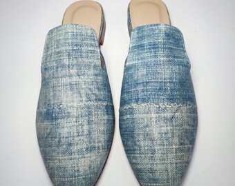 39 EU/ 9 US/ 7 UK Handwoven Vintage Indigo Mules, Leather Lined Slides, One-of-a-Kind Shoes