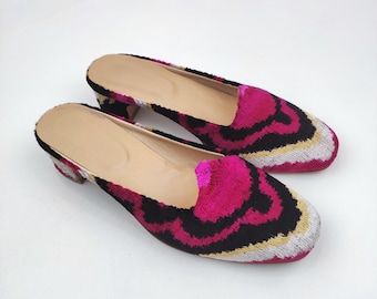 38 EU/ 8 US/ 6 UK  Handwoven Ikat Velvet Mules: Women's Leather Sole Shoes