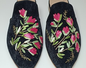 Women Silk Ribbon embroidered Velvet mules, handcrafted Slipper, Party Slipper, colorfull Shoes, Rose silk ribbon embroidery shoes
