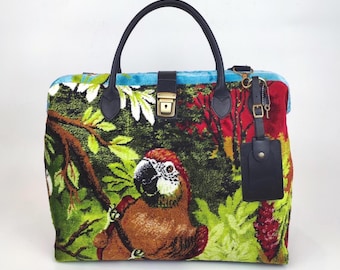 Vintage Turkish Velvet Weekender Bag: Handcrafted Leather Trim Duffel