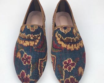 45 EU/ 12 US/ 11 UK Handcrafted Vintage Turkish Carpet Loafers, Leather Sole
