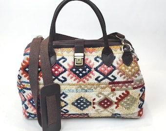 Vintage Kilim Crossbody Bag: Handwoven Turkish Tapestry, Cow Leather